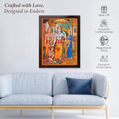 SANVIKA Hanuman Showing His Humbleness in Ram Darbar and Mata Sita Giving Blessings. A Holy Religious Poster Painting with Frame for Hindu Worship Purpose (COL1)