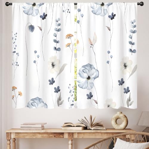 Watercolor Floral Kitchen Curtain 27.5W X 39L Inch 2 Panel Beige Blue White Flower Minimalist Cute Plant Leaves Summer Small Short Cafe Tier Window Treatment Drapes Bathroom Curtain Home Decor