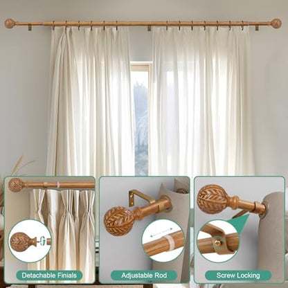 QDWIS 2 Pack Boho Wood Curtain Rods for Windows 48 to 84 inch,1" Adjustable Heavy Duty Window Curtain Rod with Imitation Wood Grain Finials,Rustic Decorative Drapery Rods Set 36-88'',Natural Wood
