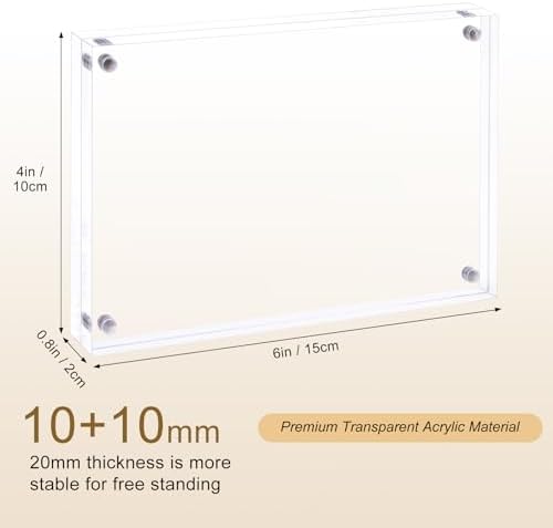 AMEITECH 4x6 Acrylic Picture Frame 5 Pack, Frameless Clear Photo Frames | Double Sided Floating Magnetic Frames, 20mm Thick, Free Standing Desktop Display for Postcards, Pictures and Artworks
