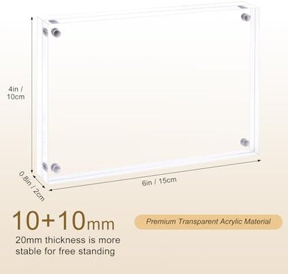 AMEITECH 4x6 Acrylic Picture Frame 5 Pack, Frameless Clear Photo Frames | Double Sided Floating Magnetic Frames, 20mm Thick, Free Standing Desktop Display for Postcards, Pictures and Artworks