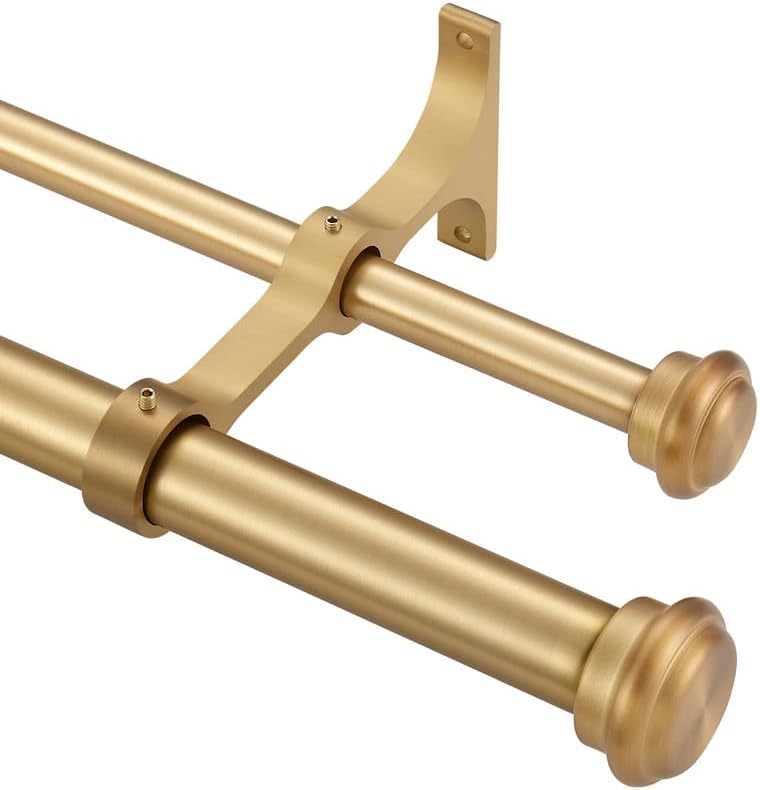 Warm Gold Double Window Rods - 36-72", "Adjustable Dual Curtain Rods with End Cap Finials