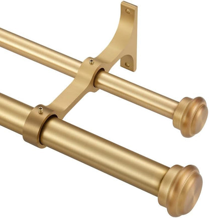 Warm Gold Double Window Rods - 36-72", "Adjustable Dual Curtain Rods with End Cap Finials