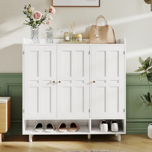 shoe cabinet with 3 doors and adjustable shelves showing dimensions
