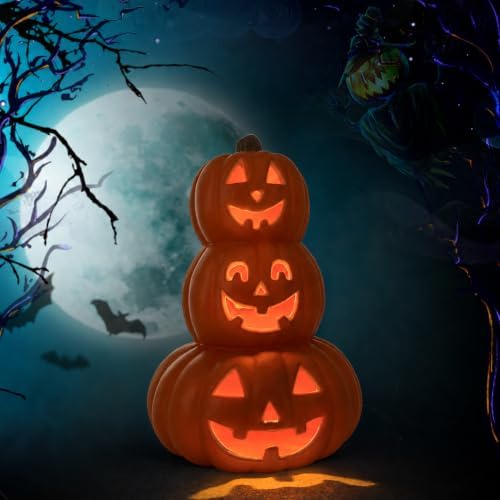 Evelyne Stacked Jack-O’-Lantern Pumpkin Decoration – 3-Tier Light-Up Hallowee...