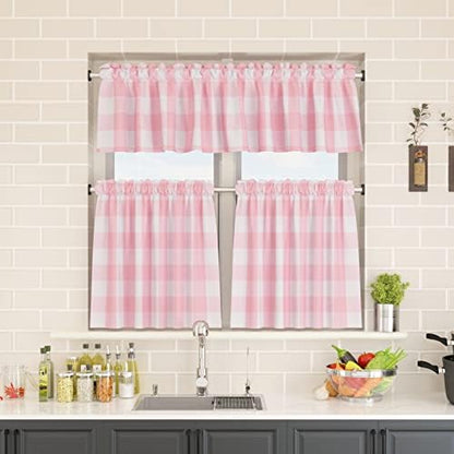 2 Pack Buffalo Check Valances for Windows Living Room 18 inches Long Classic Gingham Plaid Bedroom Bathroom Rod Pocket Country Farmhouse Kitchen Window Curtain Valances - 54"x18" Pink & White
