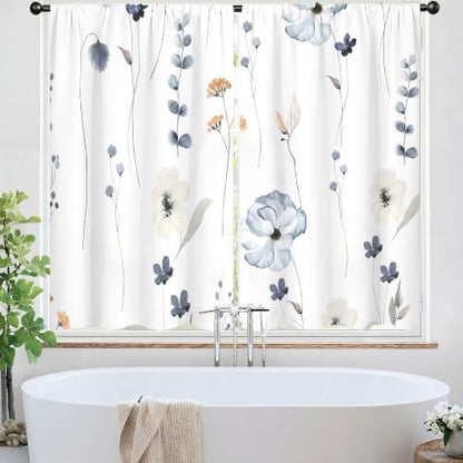 Watercolor Floral Kitchen Curtain 27.5W X 39L Inch 2 Panel Beige Blue White Flower Minimalist Cute Plant Leaves Summer Small Short Cafe Tier Window Treatment Drapes Bathroom Curtain Home Decor