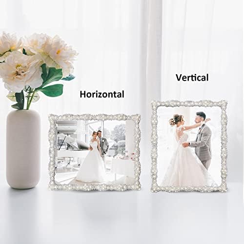 DIKAR 8x10 Picture Frame with Pearl for Wedding, Silver Plated with HD Acylic Finish Photo Frames with Rhinestones for Horizontal and Vertical Decor Tabletop Display