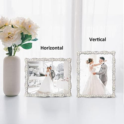 DIKAR 8x10 Picture Frame with Pearl for Wedding, Silver Plated with HD Acylic Finish Photo Frames with Rhinestones for Horizontal and Vertical Decor Tabletop Display