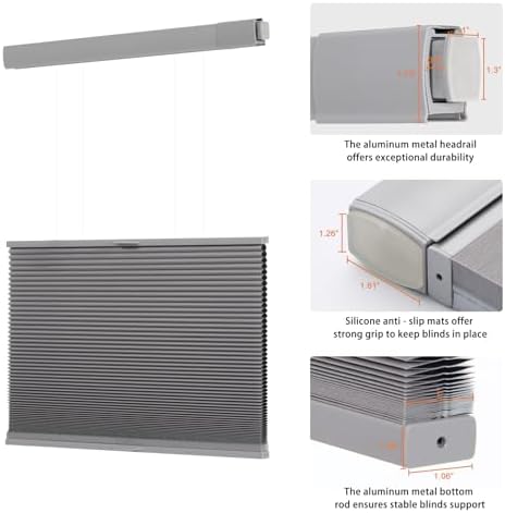 Persilux No Drill Blackout Cellular Shades for Windows,Grey,34.5" w x 64" h | Top Down Bottom Up Honeycomb No Tools Cordless Blinds,Easy to Install Cellular Blinds for Indoor Windows