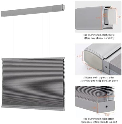 Persilux No Drill Blackout Cellular Shades for Windows,Grey,34.5" w x 64" h | Top Down Bottom Up Honeycomb No Tools Cordless Blinds,Easy to Install Cellular Blinds for Indoor Windows