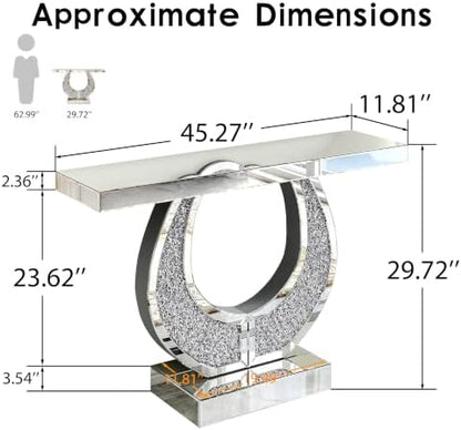 Mirrored Console Table & Round Wall Mirror Set, 45" Silver | O-Shaped Frame with Crushed Diamond Inlay, Full Mirrored Top, Weighted Anti-Tip Base, Easy-Clean, Sparkling Glam Decor Set