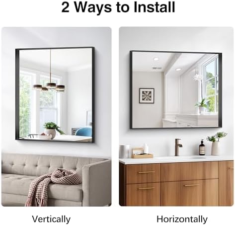 black bathroom mirror, 30x36 inch rectangular framed mirror on a desk or shelf