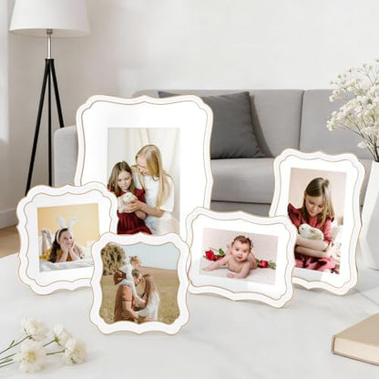 4x4 Picture Frame, Gold Wavy Cloud Border, White Enamel, 1pc | Premium Zinc Alloy Square Frame with Real Glass & Easel, Wall & Tabletop Display for Elegant Home Office Photo Gallery