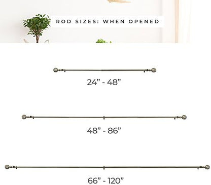CHICOLOGY 3/4 to 1 inch Diameter Pole for Drapes Finials, Window Decor Elegant Finished, Bronze, Nickel & Black Curtain Rods, 48 to 86 inches, Antique Brass-Clare (Pack of 2)