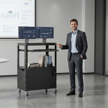 mobile av cart, adjustable height rolling computer cart on a desk or shelf