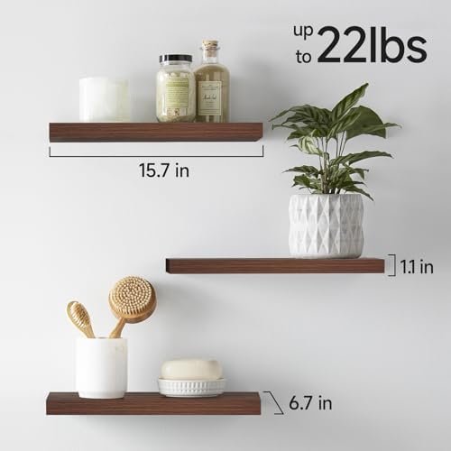 bayka walnut-like floating shelves 15.7in, 3 pack, wall showing dimensions