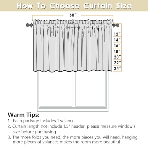 Valance for Windows, Light Filtering Faux Linen Textured Small Short Valance Kitchen Curtain, Dual Rod Pocket Top Short Window Curtain for Bathroom Basement Farmhouse, 60Wx14L Inch, Linen Color