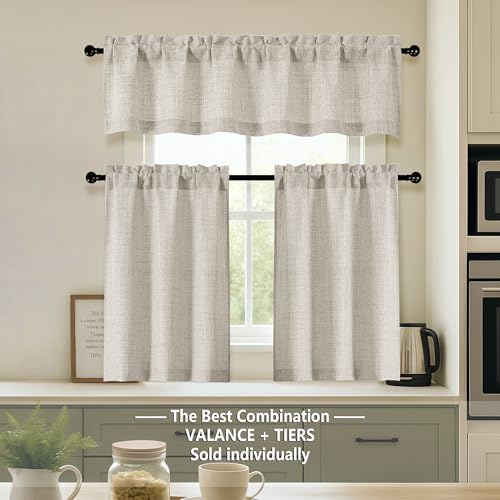 Valance for Windows, Light Filtering Faux Linen Textured Small Short Valance Kitchen Curtain, Dual Rod Pocket Top Short Window Curtain for Bathroom Basement Farmhouse, 60Wx14L Inch, Linen Color