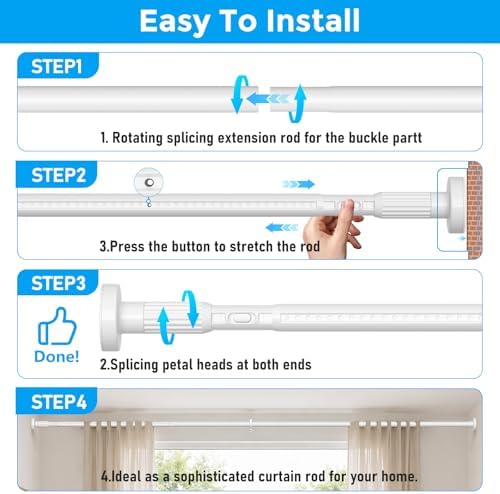 Extra Long Tension Curtain Rods 41-146 Inch, White, One-Click Heavy Duty | No Drilling Adjustable Outdoor Shower Tension Rod for Patio, Window, Living Room Divider, Bathroom, Non-Slip 1.26" Diameter