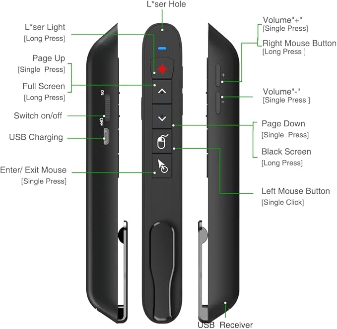 DINOSTRIKE Air Mouse Green Light USB Rechargeable Presentation Clicker Wireless - Image 5