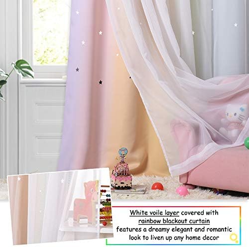 NICETOWN 2 Panels Blackout Curtains for Kids Girls Bedroom Living Room Colorful Double Layer Star Cut Out Stripe Rainbow Window Wall Home Decoration,W34 x L63 Inches, Rainbow