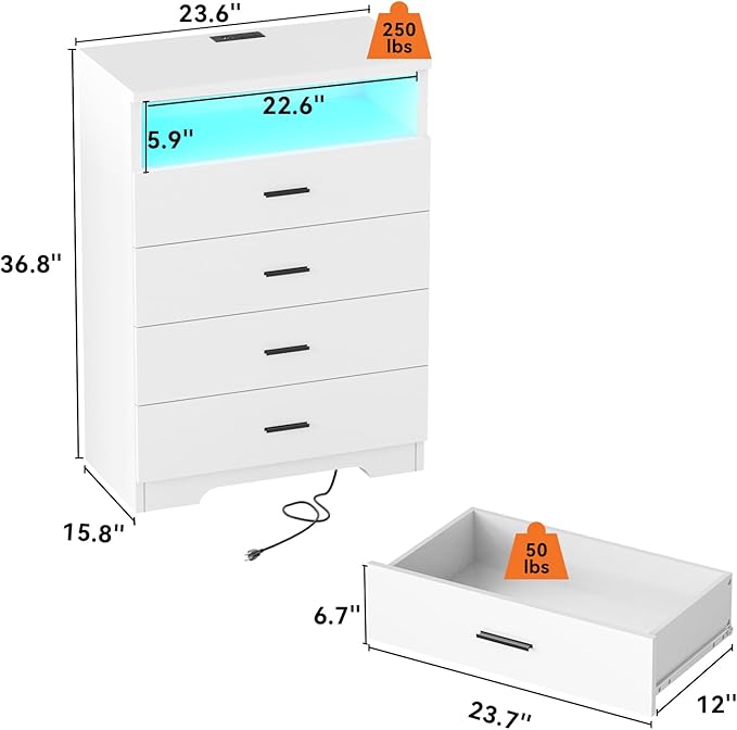 Dresser with Power Outlets and LED Lights Wooden 4 Drawer Dresser with Large - Image 3