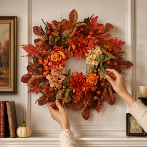 Autumn Harvest Wreath for Front Door 26 Inch, Fall Decor with Orange Dahlias ...