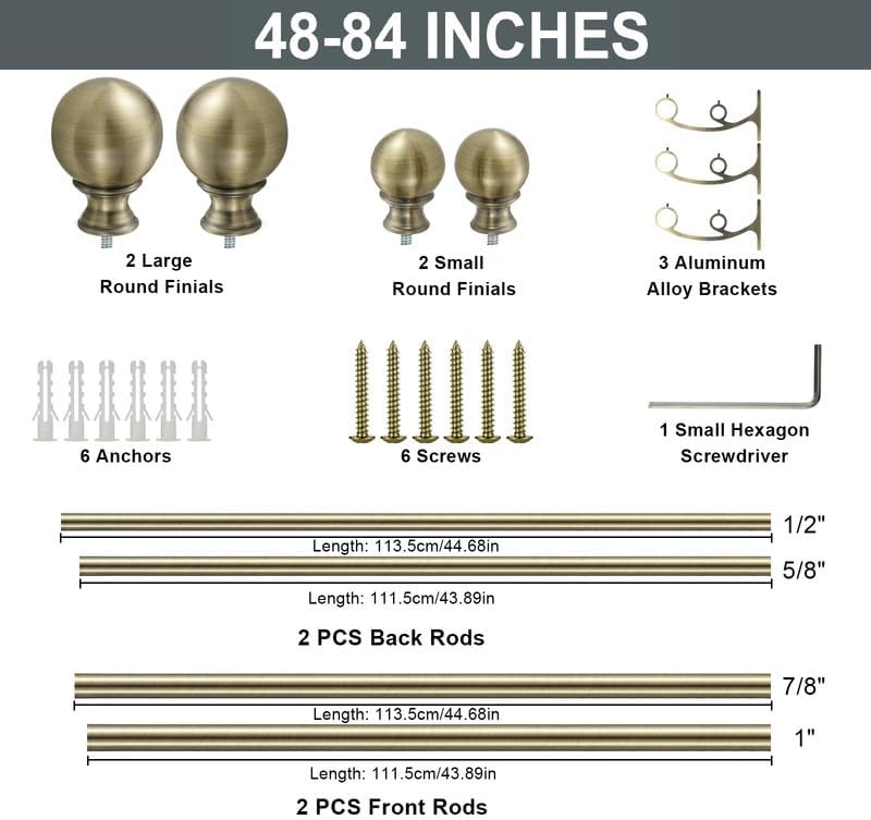 Double Curtain Rods for Window 48-84 Inch, Antique Bronze, Iron, Adjustable, Dual Rod with Round Finials, 1-Inch Front and 5/8 Inch Back, 30 lbs Weight Capacity
