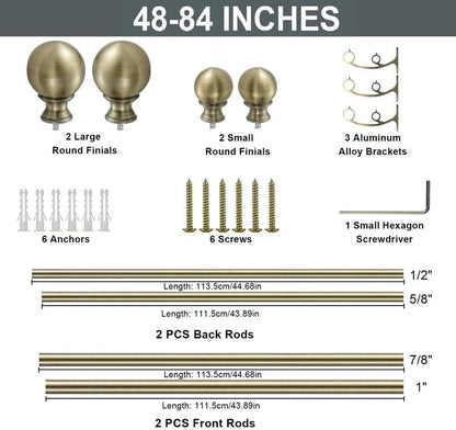 Double Curtain Rods for Window 48-84 Inch, Antique Bronze, Iron, Adjustable, Dual Rod with Round Finials, 1-Inch Front and 5/8 Inch Back, 30 lbs Weight Capacity
