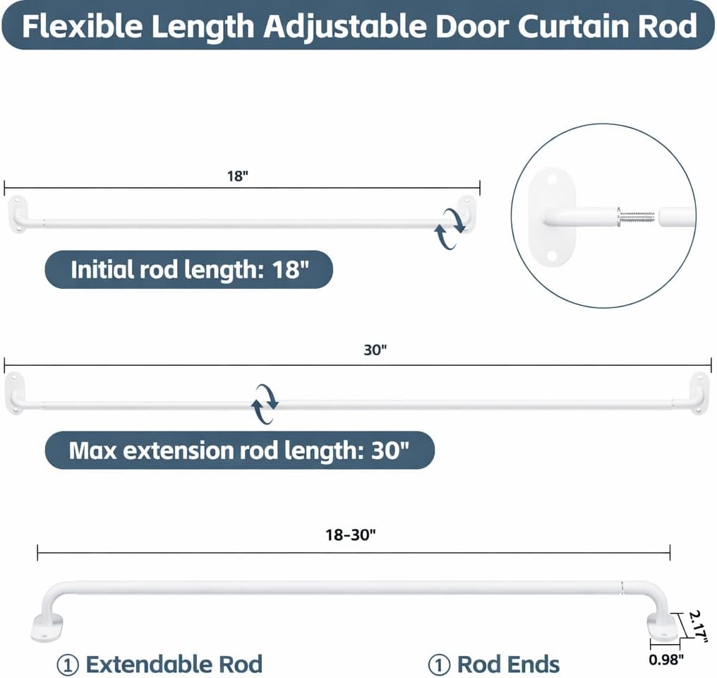 2 Pack French Door Curtain Rods, Screw-Mounted Sash Rods Adjustable 18–30 Inch, 3/8" Diameter Wrap Around Curtain Rods for Front Door Windows, White