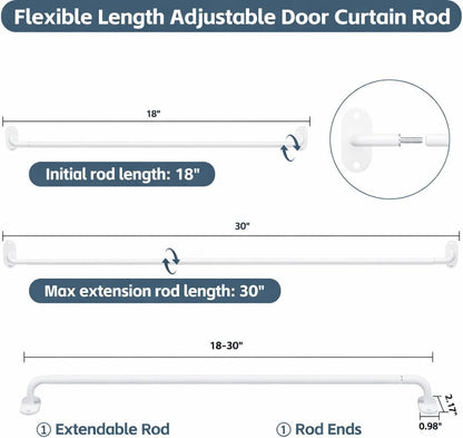 2 Pack French Door Curtain Rods, Screw-Mounted Sash Rods Adjustable 18–30 Inch, 3/8" Diameter Wrap Around Curtain Rods for Front Door Windows, White