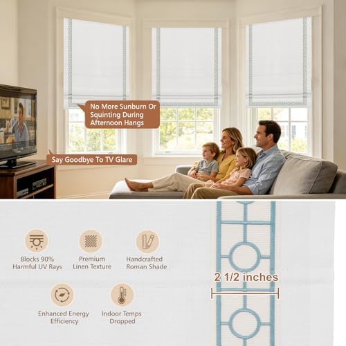 Cordless Roman Shades, Blackout Roman Shades, White Embroidered Blue Border Window Shades for Windows, Doors, Kitchen Windows