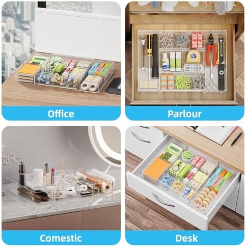 marbrasse expandable desk drawer organizer, clear plastic drawer showing dimensions
