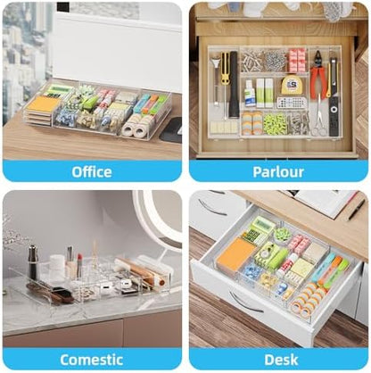 marbrasse expandable desk drawer organizer, clear plastic drawer showing dimensions