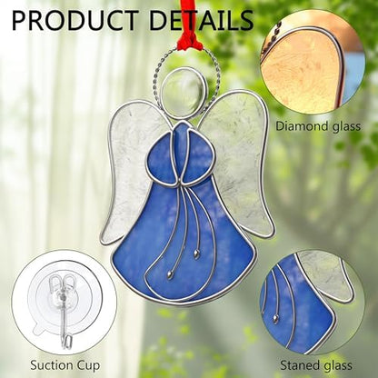 Blue Angel Stained Glass Sun Catcher for Windows Hangings | Personalized Sun Catchers Ornamen,Glass & Metal,Gifts for Mom Grandma Friend Teacher Birthday Christmas Holiday Decor