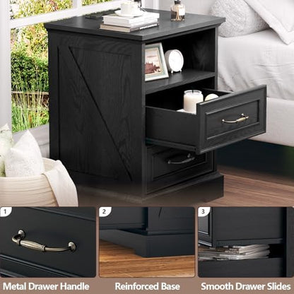 black nightstand with charging station,18" wide end table showing dimensions