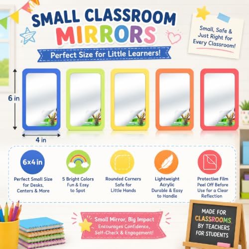 10 Pcs 6x4 Shatter Proof Unbreakable Kids Mirrors, Warm Colors | Unbroken, Child-safe Design, for Nursery School Decor, Classroom Bulletin Board DIY Crafts, Speech Learning, Emotion Control