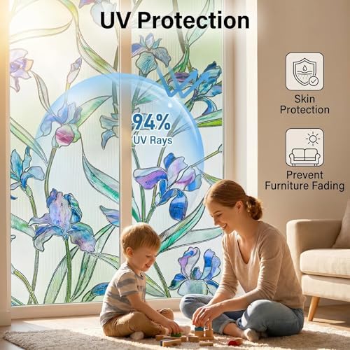 Coavas 3D Stained Glass Privacy Window Film, Static Cling, Blue 17.5"x39.4" | UV & Heat Blocking, Reusable No Adhesive, 3D Floral Pattern for Bathroom Kitchen Front Door Windows