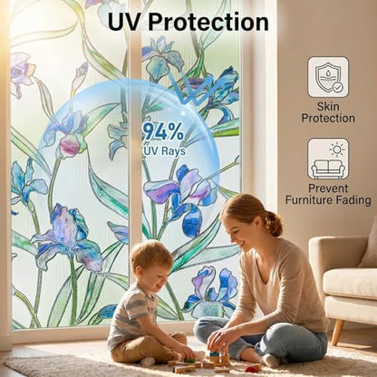 Coavas 3D Stained Glass Privacy Window Film, Static Cling, Blue 17.5"x39.4" | UV & Heat Blocking, Reusable No Adhesive, 3D Floral Pattern for Bathroom Kitchen Front Door Windows