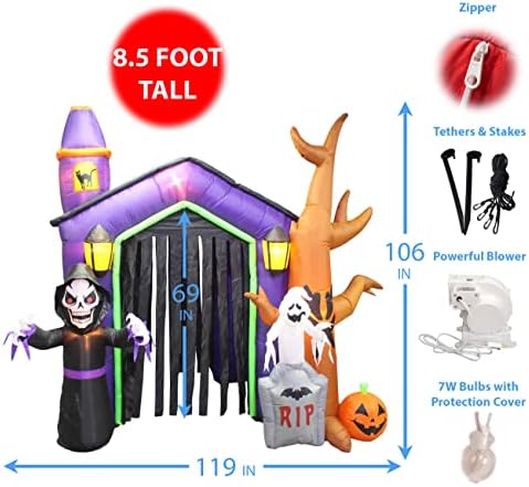 8.5 Foot Halloween Inflatable Haunted House Castle with Skeleton, Ghost &...