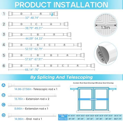 Spring Tension Curtain Rod 32-76 inch, White | Adjustable Expandable Tension Curtain Rod No Drilling, Tension rods for Window Doorway Kitchen Curtain