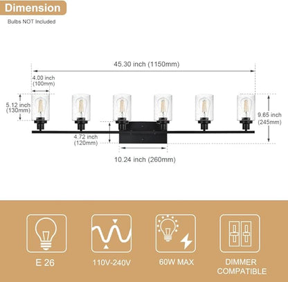 WINSHEN 6-Light Seeded Glass Vanity Light Fixtures in Matte Black Finish - Image 4