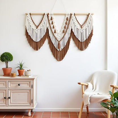 large macrame wall hanging - Boho Tapestry Macrame Wall Decor Art- Chic Bohemian Handmade Woven Tapestry Home Decoration for Bedroom Living Room Apartment Wedding Party - 43"x32" (Beige-Brown)