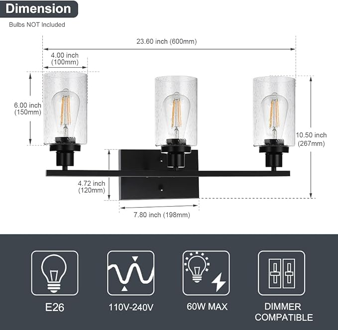 WINSHEN Wall Sconce Lighting 3-Light Matte Black Bathroom Vanity Light Fixtures - Image 4