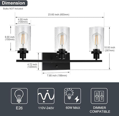 WINSHEN Wall Sconce Lighting 3-Light Matte Black Bathroom Vanity Light Fixtures - Image 4