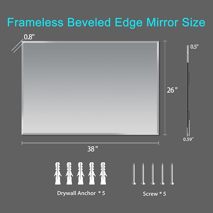Frameless Beveled Edge Bathroom Mirror 38x26 Inch Rectangle Wall Mirror - Image 3