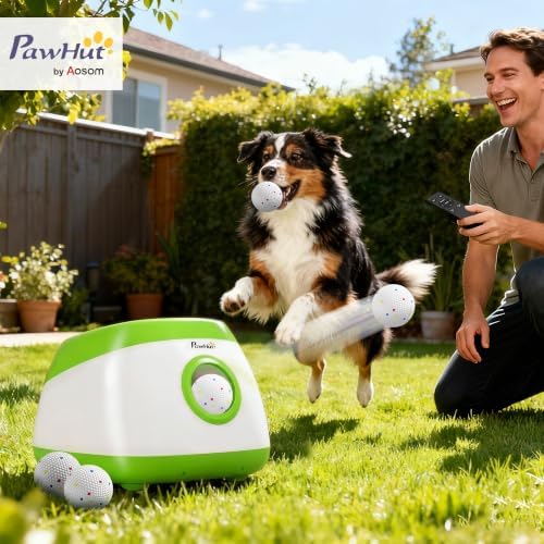 pawhut automatic dog ball launcher remote control for shown in use