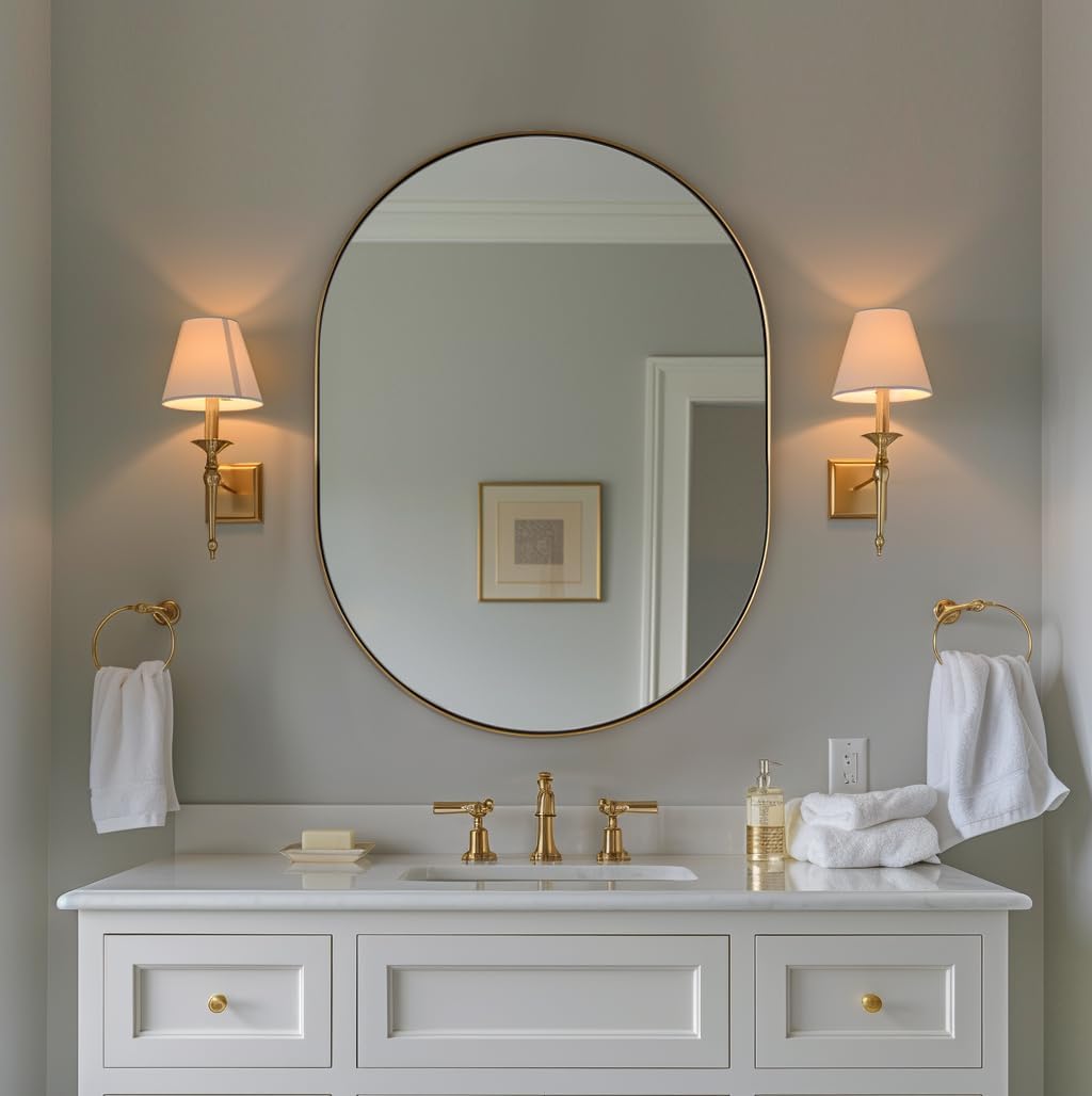 Oval Bathroom Mirror, 24x32’’ Gold Oval Mirror Pill-Shaped Design in Stainless Steel Metal Frame for Bathroom, Entryway, Living Room, Contemporary 1" Deep Wall Mount Vertical or Horizontal