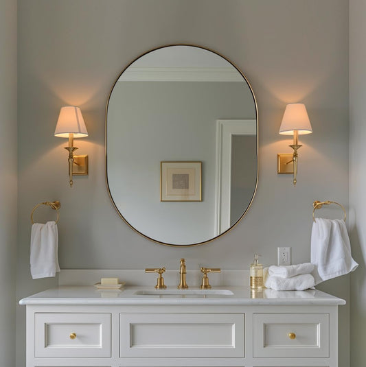 Oval Bathroom Mirror, 24x32’’ Gold Oval Mirror Pill-Shaped Design in Stainless Steel Metal Frame for Bathroom, Entryway, Living Room, Contemporary 1" Deep Wall Mount Vertical or Horizontal
